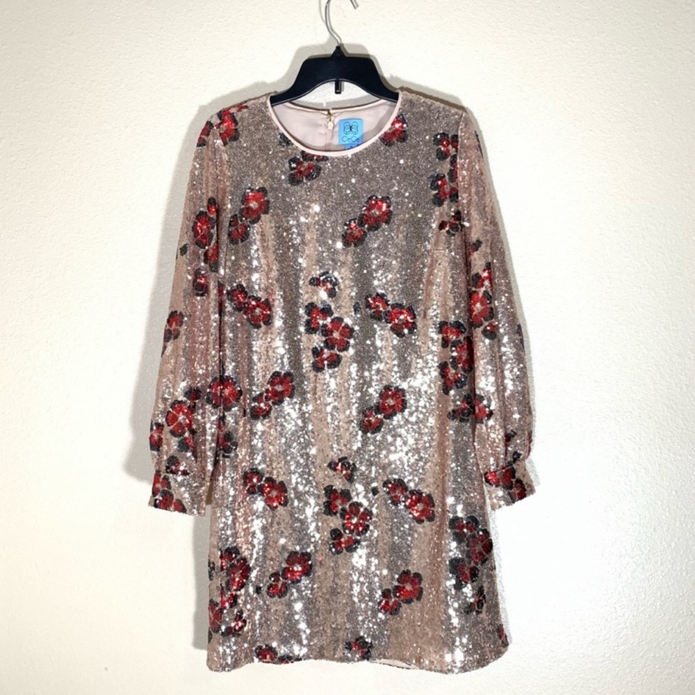 CeCe floral print sequin gold long sleeve dress - Picture 5 of 8